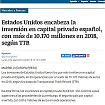 Estados Unidos encabeza la inversin en capital privado espaol, con ms de 10.170 millones en 2018, segn TTR